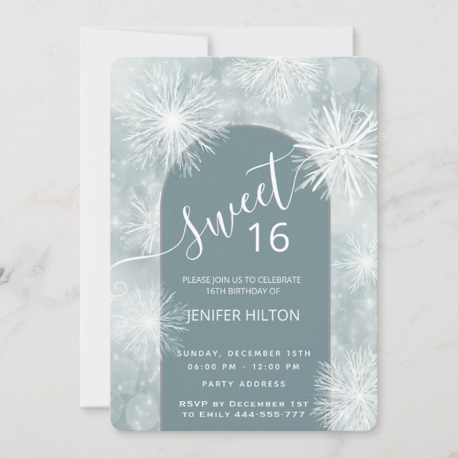 Winter wonderland watercolor snowflake sweet 16 invitation (Front)