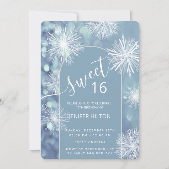 Winter wonderland watercolor snowflake sweet 16 invitation (Front)