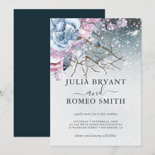 Winter Wonderland Wedding Floral Snow Invitation (Front/Back)