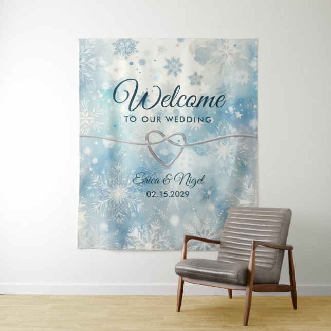 Winter Wonderland Wedding Welcome Backdrop Tapestry (In Situ)