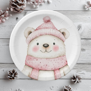 Winter Wonderland White Bear Pink  Paper Plate