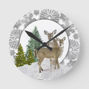 Winter Wonderland Whitetail Deer Holiday Home  Round Clock