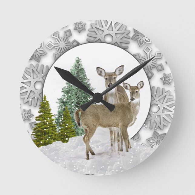 Winter Wonderland Whitetail Deer Holiday Home  Round Clock (Front)