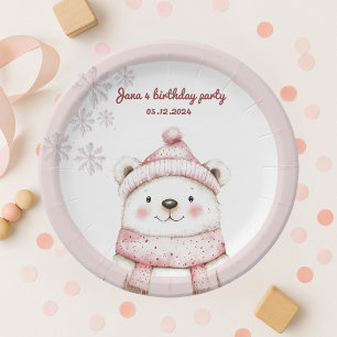 winter wonderland with cute white bear birthday paper plate
