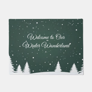 Winter Wonderland with Pine Tree Silhouettes Snow Doormat