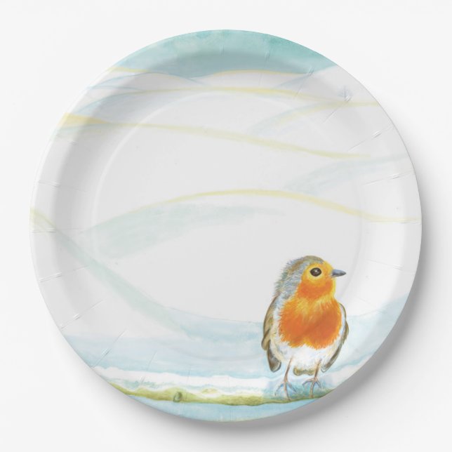 Winter Wonderland With Robin Illustration  Paper Plate (Front)