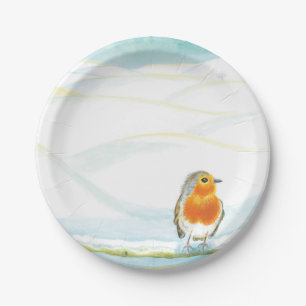 Winter Wonderland With Robin Illustration Paper Plate