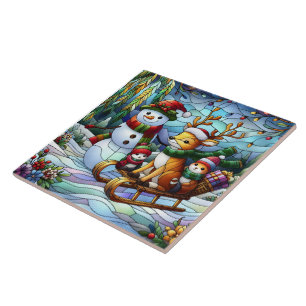 Winter wonderland with snowman and friends tile