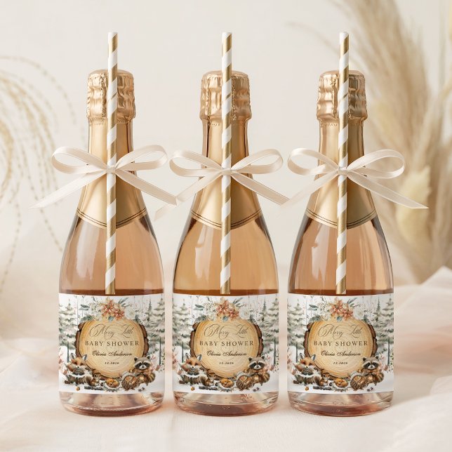 Winter Wonderland Woodland Animals Baby Shower Sparkling Wine Label (Creator Uploaded)