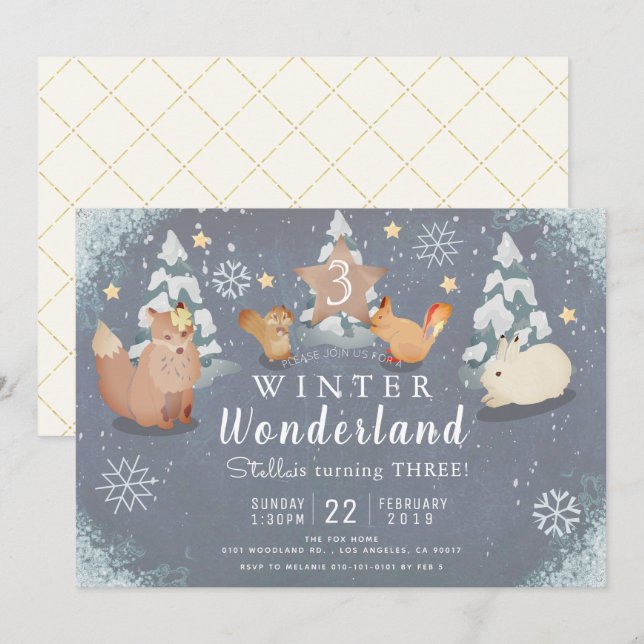 Winter Wonderland Woodland Animals Birthday Invitation (Front/Back)