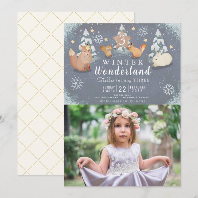 Winter Wonderland Woodland Animals Photo Birthday Invitation (Front/Back)
