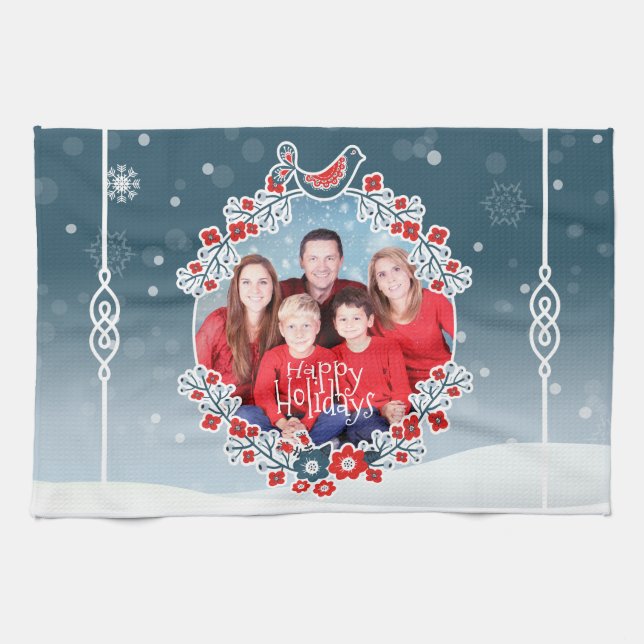 Winter Wonderland Your Photo Christmas Wreath Snow Tea Towel (Horizontal)