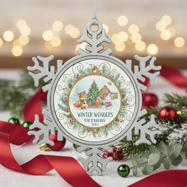Winter Wonders Forest Friends Personalized Snowflake Pewter Christmas Ornament (Festive Snowflake Personalized Christmas Ornament)