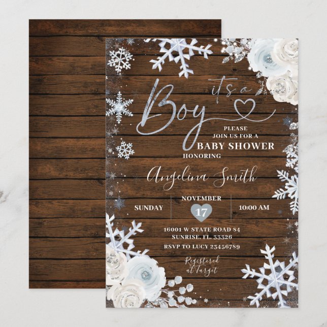 Winter Wood Blue Snowflake Floral Baby Shower  Invitation (Front/Back)