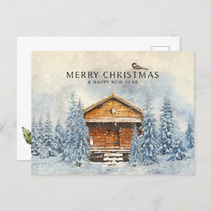 Winter Wood House and Pine Holiday Postcard