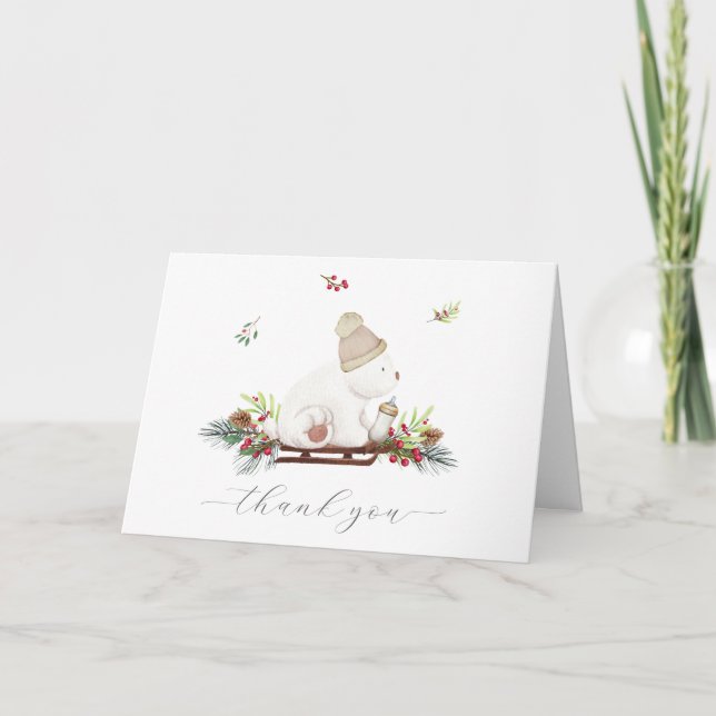 Winter Wooden Sleigh Polar Bear Baby Shower  Thank You Card (Front)