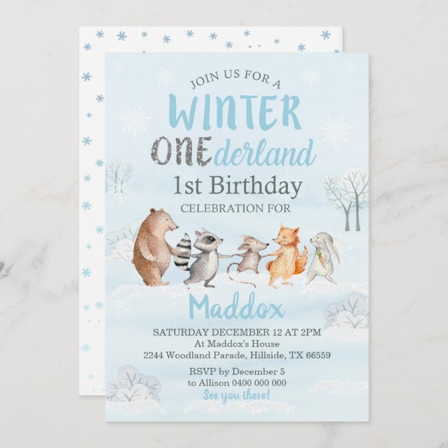 Winter Woodland 1st Birthday Invitation Winter (Front/Back)