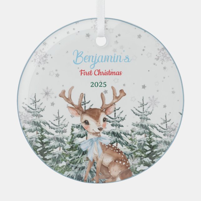 Winter Woodland Animal Baby First birthday  Glass Tree Decoration (Front)