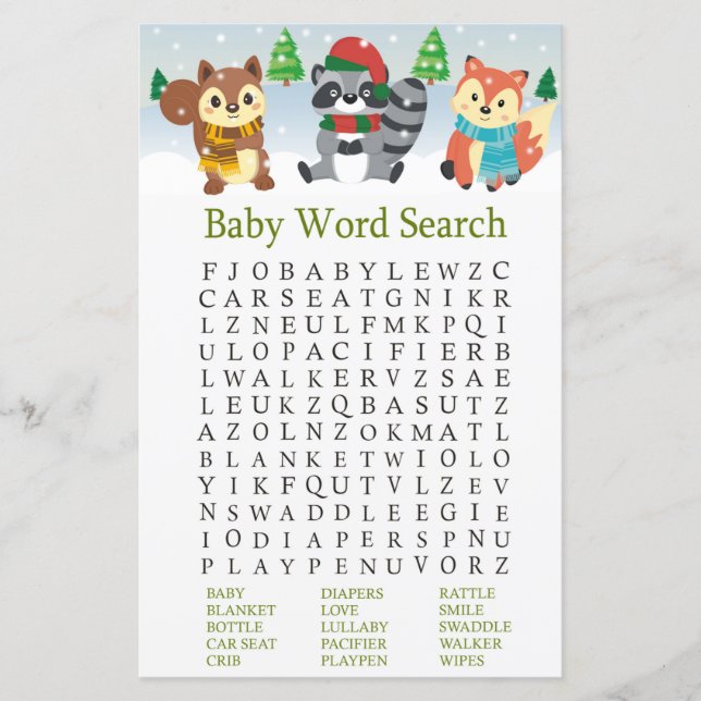 winter woodland animal Baby Shower Word SearchGame (Front)