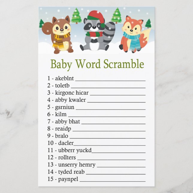 winter woodland animal Baby word scramble game (Front)