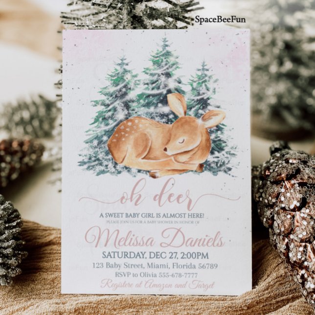 Winter Woodland Animal Deer Baby Shower Invitation (Winter Woodland Animal Deer Baby Shower Invitation Girl Forest animal Deer Girl Baby Shower Invite )