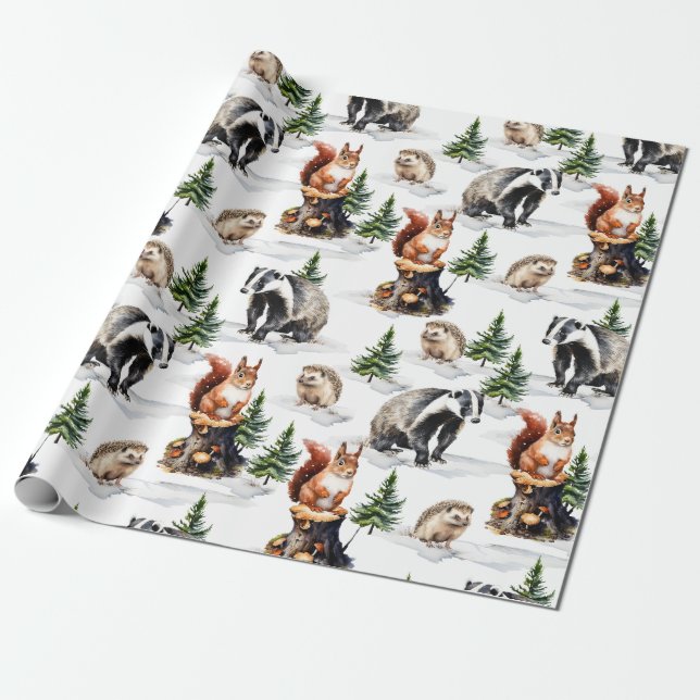 Winter Woodland Animal Friends Holiday Gathering Wrapping Paper (Unrolled)