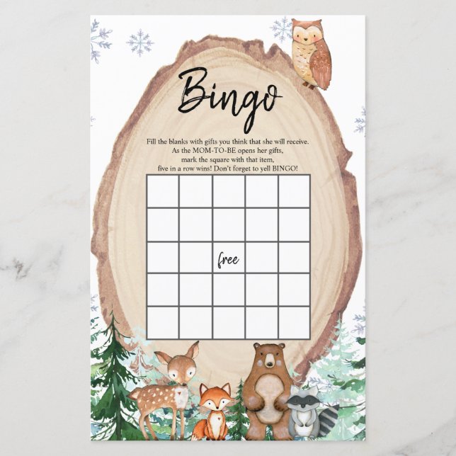 Winter Woodland Animal Gender Reveal Bingo Games (Front)