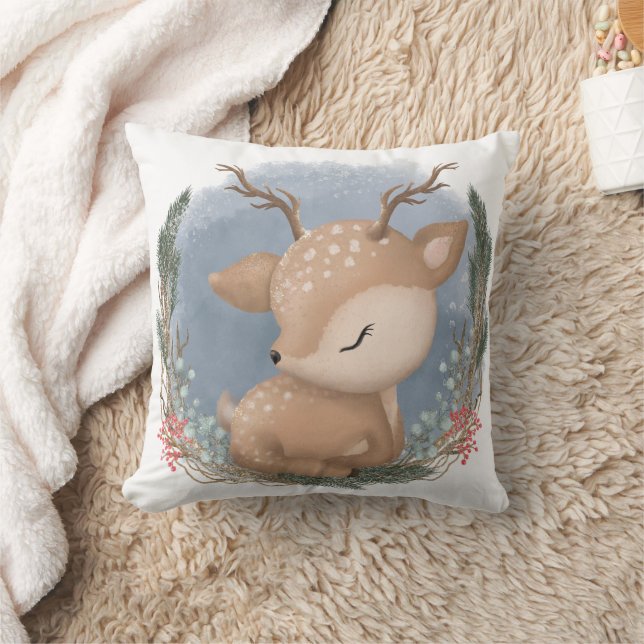 Winter Woodland Animal Sleeping Baby Deer Cushion (Blanket)