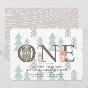 Winter Woodland Animals 1st Birthday Invitation