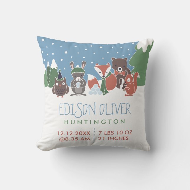 Winter Woodland Animals Baby Birth Stats Cushion (Front)