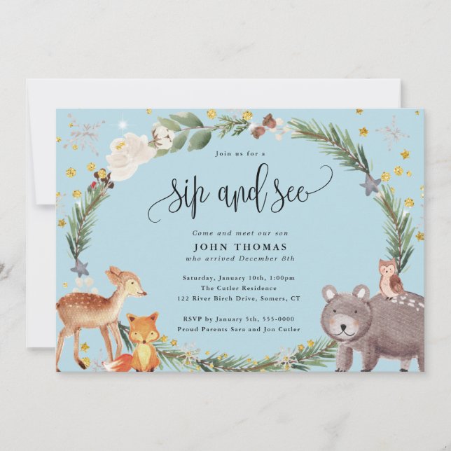 Winter Woodland Animals Baby Boy Sip and See Blue Invitation (Front)