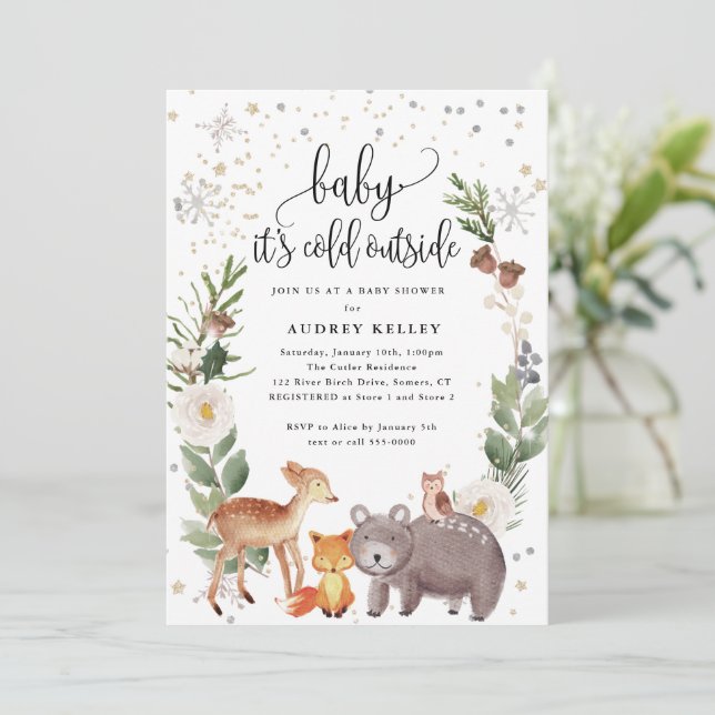 Winter Woodland Animals Baby It's Cold Shower Invitation (Standing Front)