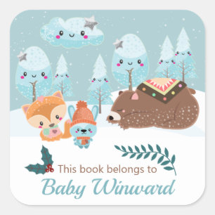 Winter Woodland Animals Baby Library Bookplate Square Sticker