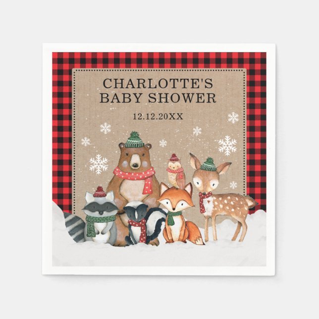 Winter Woodland Animals Baby Shower 1st Birthday Napkin (Front)