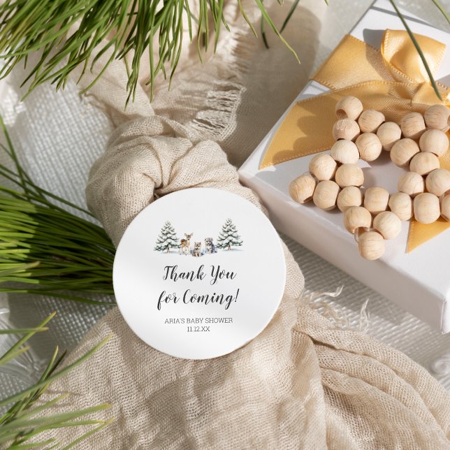 Winter Woodland Animals Baby Shower Favour  Classic Round Sticker (Creator Uploaded)