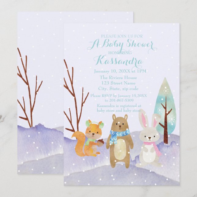 Winter Woodland Animals Baby Shower Invitation (Front/Back)