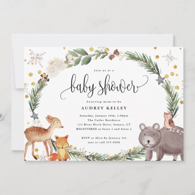 Winter Woodland Animals Baby Shower Invitation (Front)