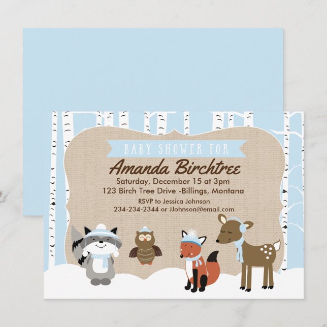 Winter Woodland Animals Baby Shower Invite | Blue (Front/Back)