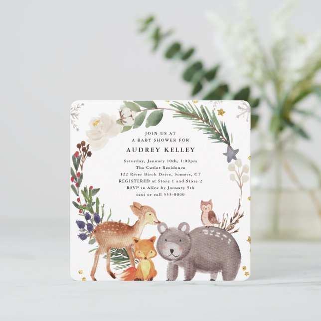 Winter Woodland Animals Baby Shower Square Invitation (Standing Front)