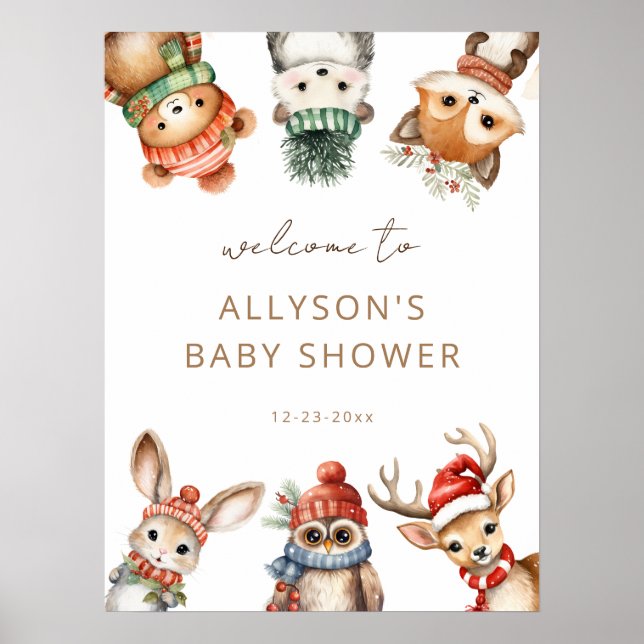 Winter Woodland animals baby shower welcome sign (Front)