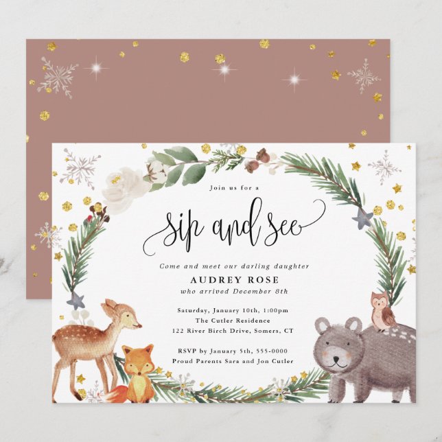 Winter Woodland Animals Baby Sip and See Invitation (Front/Back)