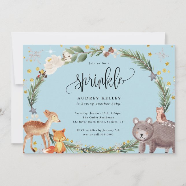 Winter Woodland Animals Baby Sprinkle Shower Blue Invitation (Front)