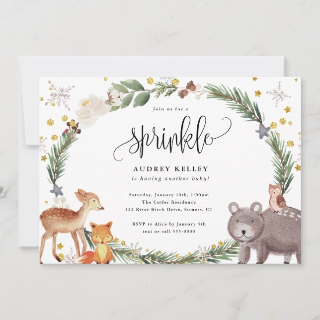 Winter Woodland Animals Baby Sprinkle Shower Invitation (Front)