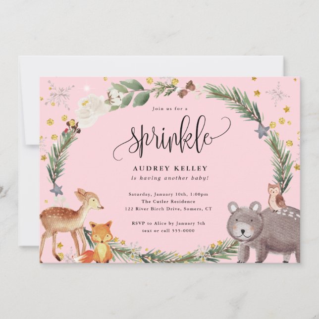 Winter Woodland Animals Baby Sprinkle Shower Pink Invitation (Front)
