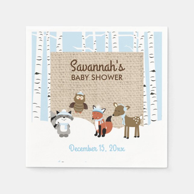 Winter Woodland Animals Birch Tree Napkin | Blue (Front)