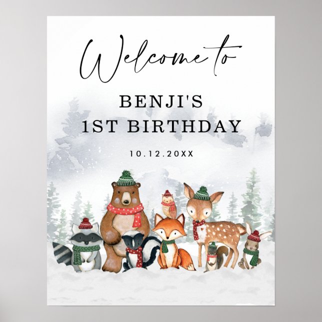 Winter Woodland Animals Birthday Party Welcome Poster (Front)