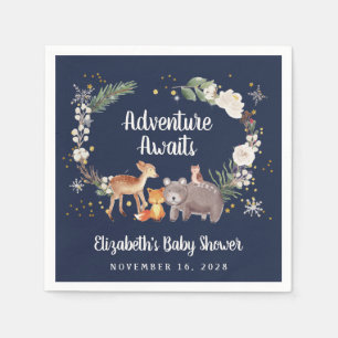 Winter Woodland Animals Blue Baby Shower Napkin
