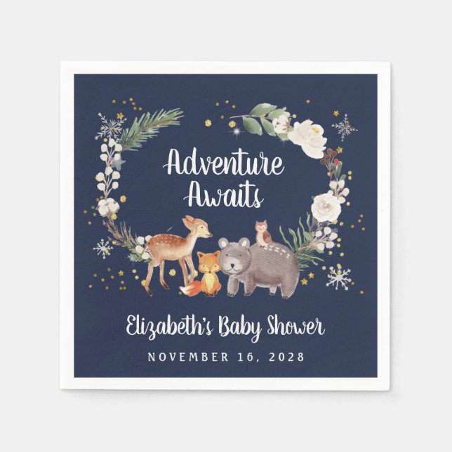 Winter Woodland Animals Blue Baby Shower Napkin (Front)