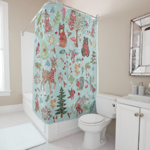 Winter Woodland Animals Blue Snow Forest Pattern Shower Curtain