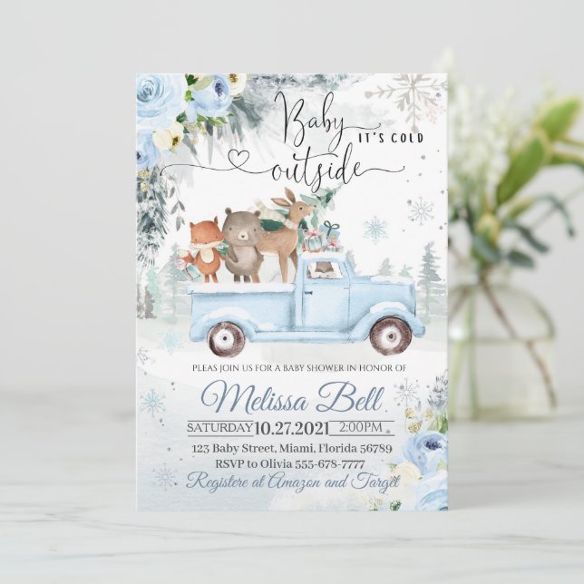 Winter Woodland animals Blue Truck Snowy Baby Show Invitation (Standing Front)